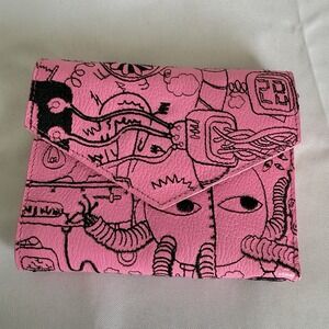 Min & Mon Hot Pink Trifold Leather Cardholder Slim Wallet Coin Purse Robots